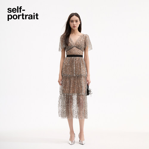 self-portrait 春夏树叶亮片重工钉珠晚宴轻礼服仙女长裙连衣裙