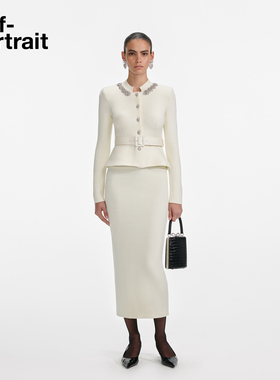 self-portrait 2025秋冬新款象牙白气质钻饰假两件针织连衣裙