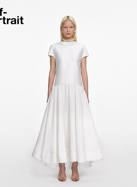self-portrait 2026早春新款纯净白缎面船领订婚连衣裙中长裙