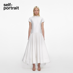 纯净白缎面船领订婚连衣裙中长裙 2026早春新款 self portrait