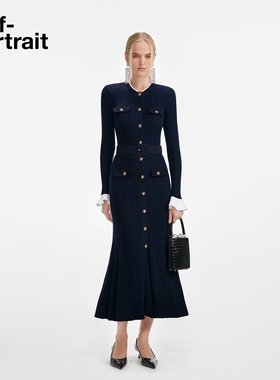 self-portrait 2025秋冬新款藏蓝色气质通勤重要场合针织连衣裙