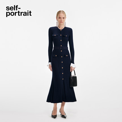 self-portrait 2025秋冬新款藏蓝色气质通勤重要场合针织连衣裙
