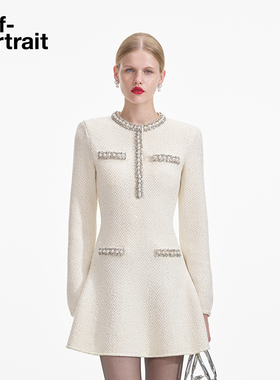 self-portrait 2025早春象牙白钻饰亮片针织连衣裙
