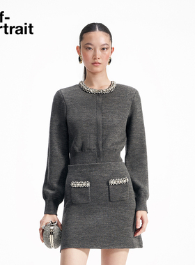 self-portrait 2025早春浅灰色钻饰格雷千金风百搭针织外套开衫