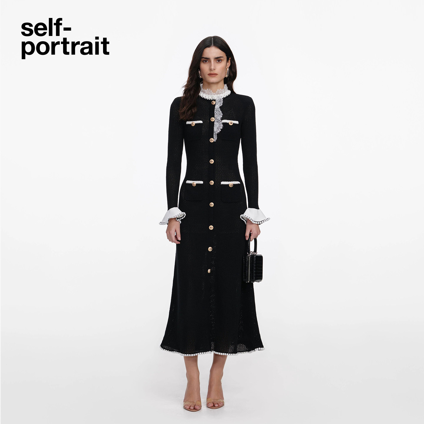 self-portrait 2026春夏新款经典黑宫廷风撞色蕾丝领针织连衣裙,女装/女士精品,连衣裙,淘宝优惠券,粉丝福利购,淘宝优惠卷