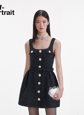 self-portrait 2025秋冬新款藏蓝色钻饰小香风粗花呢吊带连衣裙