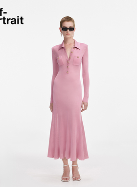 self-portrait 2025秋冬新款粉红色通勤气质修身长袖针织连衣裙