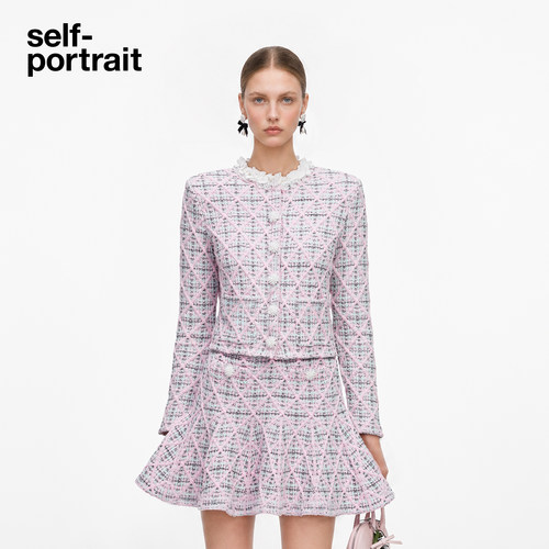 self-portrait珠饰格纹针织外套