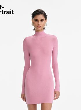 self-portrait 2025早秋新款粉红色半高领设计感针织露背连衣裙