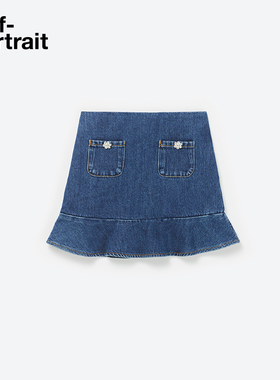 self-portrait 早春藏蓝色休闲荷叶边牛仔短裙半身裙