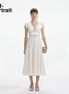 self-portrait 春夏白色礼服法式蝴蝶结短袖雪纺百褶连衣裙
