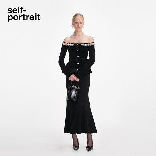 self-portrait一字领针织连衣裙