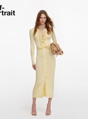 self-portrait 2026春夏新款奶油黄通勤修身长袖针织连衣裙