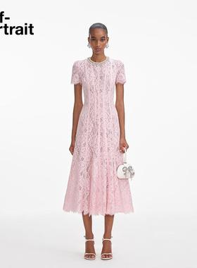 self-portrait 2025春夏粉红色宴会钻饰圆领短袖蕾丝连衣裙