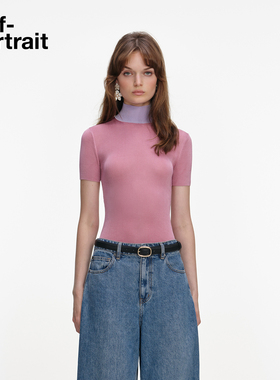 self-portrait 2026早春新款粉红色撞色短袖半高领针织打底上衣