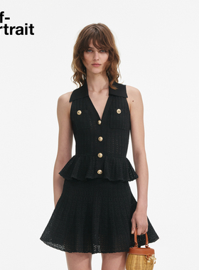 [Jisoo智秀同款]self-portrait2025早秋新款经典黑针织翻领连衣裙