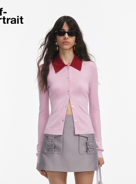 self-portrait 2025早秋新款粉红色翻领美丽诺绵羊毛针织上衣