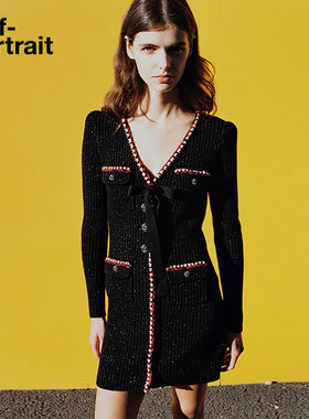 self-portrait 秋冬蝴蝶结甜酷风V领针织连衣裙短裙