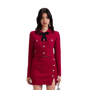 self-portrait 早春红色针织蝴蝶结开衫毛衣