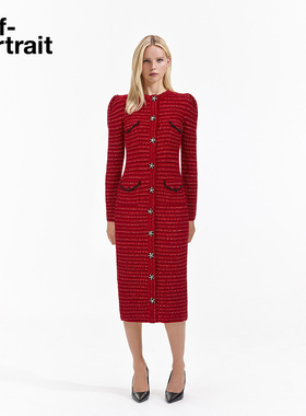 self-portrait 红色小香风修身复古长款针织连衣裙