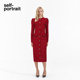 self 针织连衣裙 复古长款 portrait 红色小香风修身