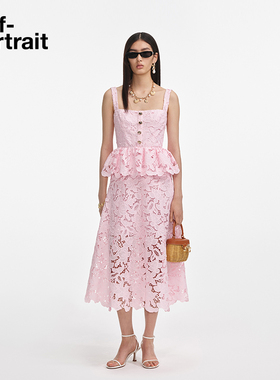 self-portrait 2025早秋新款粉红色甜美双层蕾丝吊带蛋糕裙连衣裙