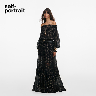 self-portrait 2026早春新款经典黑金色波点雪纺蕾丝半身裙中长裙