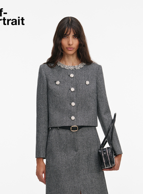 self-portrait 2026早春新款灰混色钻饰人字纹羊毛混纺外套上衣