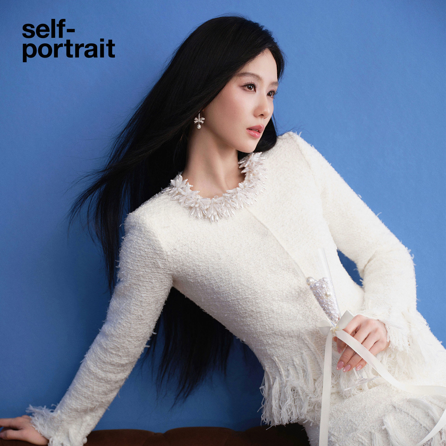 [刘诗诗同款]self-portrait 2027早春象牙白珠饰流苏针织上衣