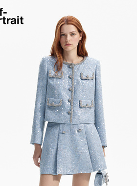 self-portrait 早春薄雾蓝闪光亮片钻链边外套