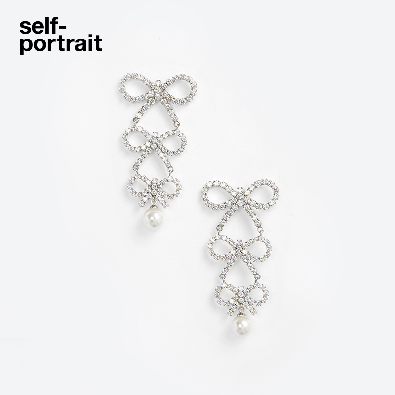 [送礼]self-portrait 秋冬银色层式蝴蝶结人造珍珠耳饰耳环