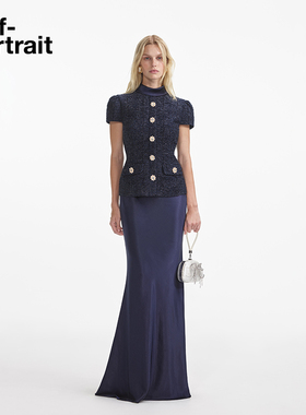 self-portrait 2025早春藏蓝色假两件粗花呢缎面礼服连衣裙