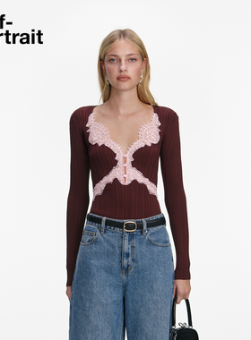 self-portrait 2026早春新款深棕色蕾丝镂空针织打底衫上衣