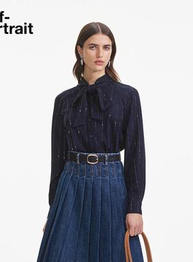 self-portrait 2025春夏藏蓝色通勤烫钻条纹蝴蝶结衬衫上衣