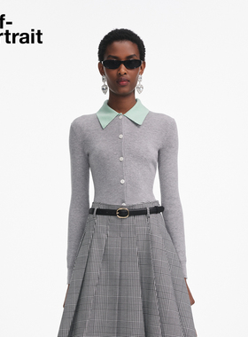 self-portrait 2025早秋新款浅灰色撞色翻领美丽诺绵羊毛针织上衣