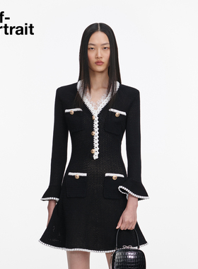 self-portrait 2026春夏新款经典黑通勤蕾丝饰边修身针织连衣裙