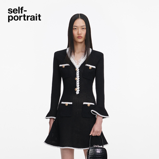 self-portrait 2026春夏新款经典黑通勤蕾丝饰边修身针织连衣裙