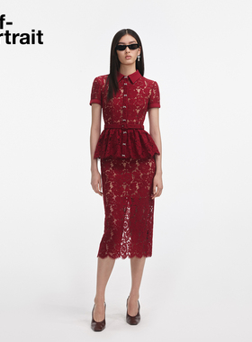 self-portrait 2025早秋新款正红色翻领蝴蝶结设计感蕾丝连衣裙