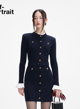 [杨超越同款]self-portrait 2025秋冬新款藏蓝重要场合针织连衣裙