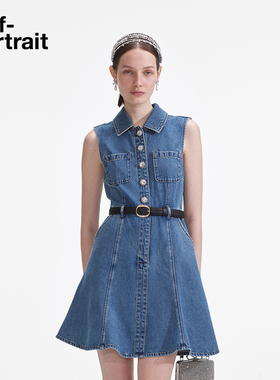 self-portrait 2025春夏牛仔蓝色简约复古牛仔修身连衣裙