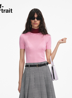 self-portrait 2025早秋新款粉红色帕斯蒂尔半高领短袖针织上衣