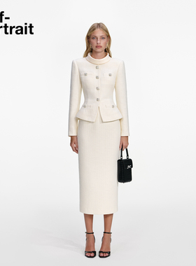 self-portrait 2026早春新款象牙白长袖粗花呢假两件连衣裙