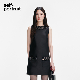 self-portrait 2025秋冬新款经典黑千金风钻饰塔夫绸无袖连衣裙