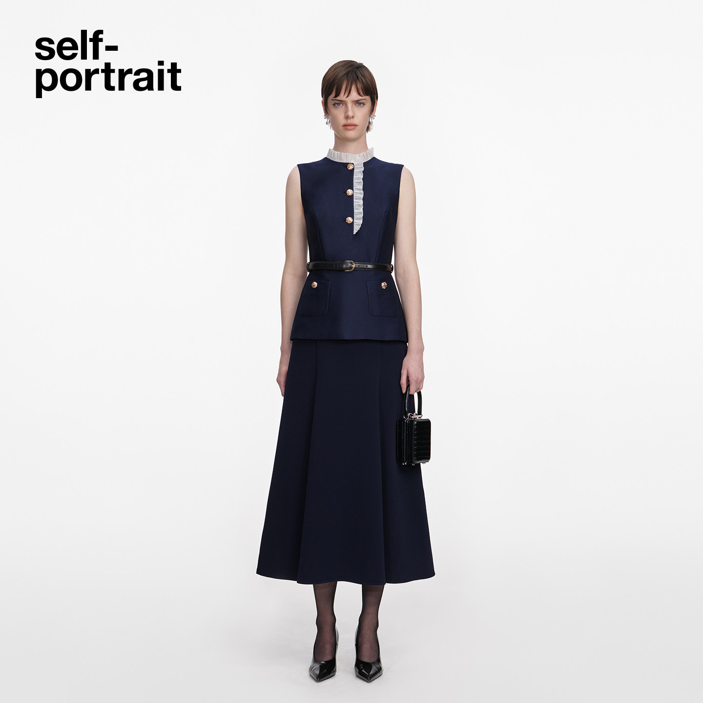 self-portrait 2026春夏新款藏蓝色蕾丝边无袖假两件含腰带连衣裙