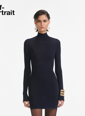 self-portrait 2025早秋新款藏蓝色设计感露背修身针织包臀连衣裙