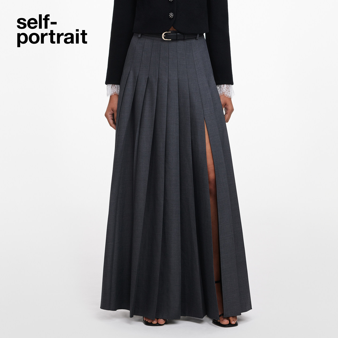 self-portrait 2026早秋新款灰混色含腰带开衩百褶裙半身裙长裙