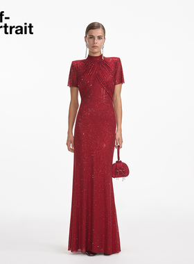 [叶童同款]self-portrait 春夏红色满钻星河短袖礼服连衣裙