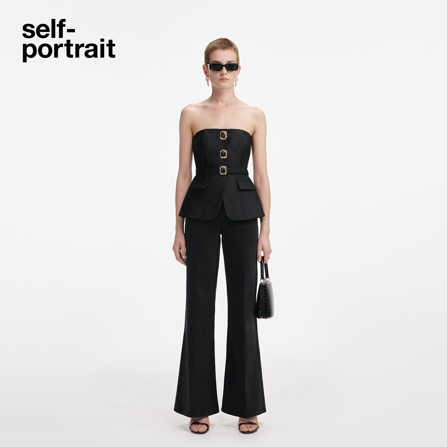 self-portrait 2025秋冬新款经典黑设计感抹胸假两件连体裤