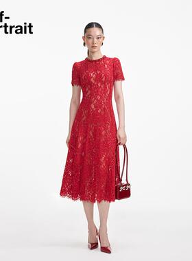 self-portrait 2025早春正红色气质钻饰短袖蕾丝订婚连衣裙