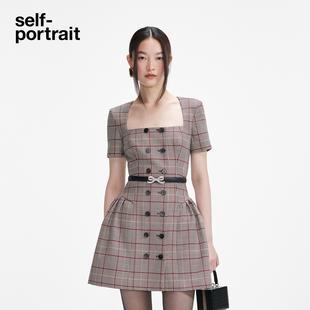 卡其色格纹方领双排扣短袖 2025秋冬新款 连衣裙 portrait self